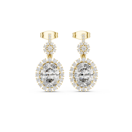 3.99ctw Vintage Oval Diamond Sunburst Halo Drop Earrings in Yellow Gold
