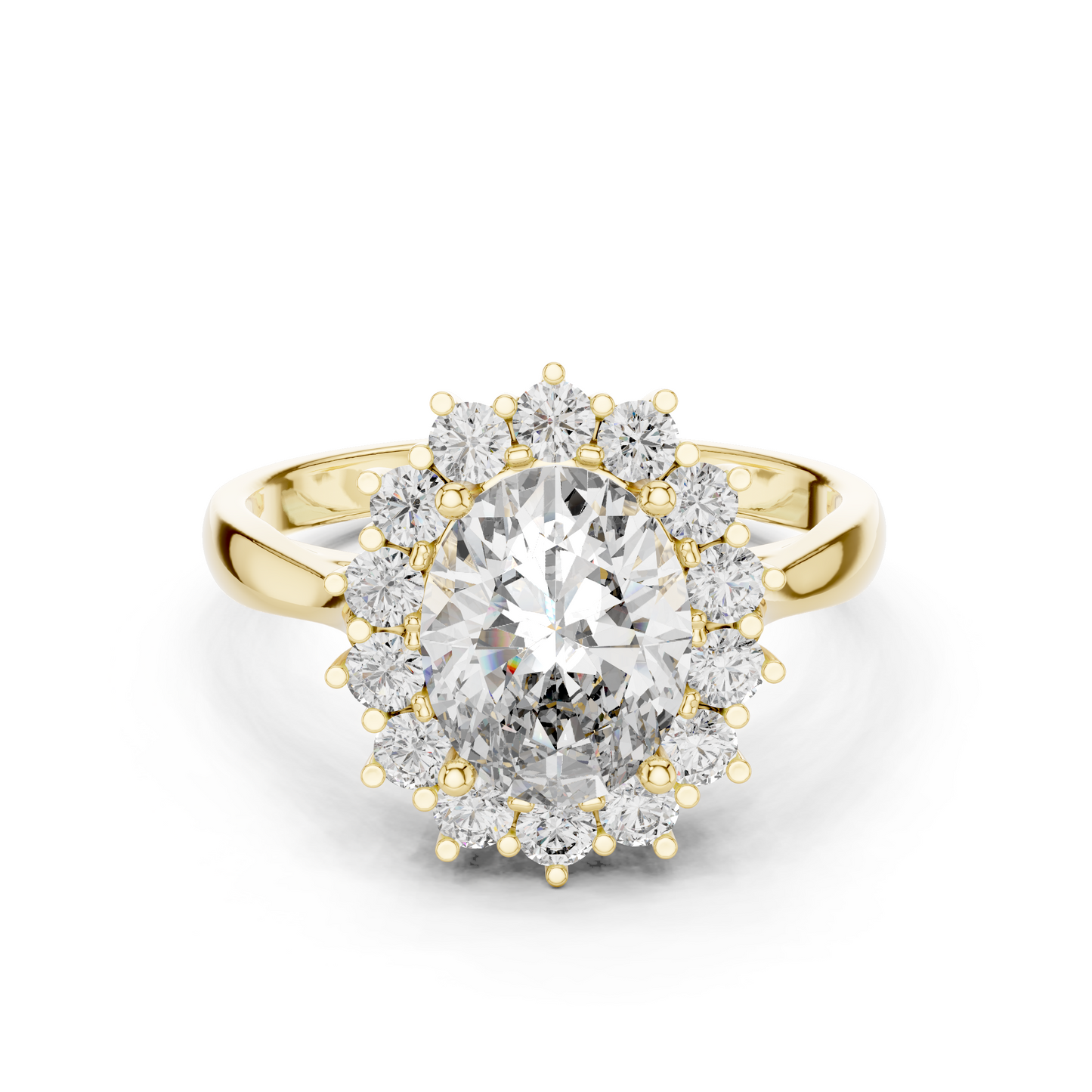 2.56CTW Oval Cut Diamond Sunburst Halo Engagement Ring in Yellow Gold