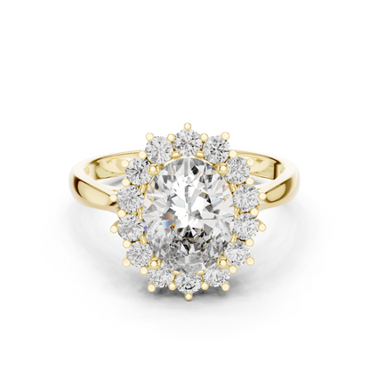 2.56CTW Oval Cut Diamond Sunburst Halo Engagement Ring in Yellow Gold