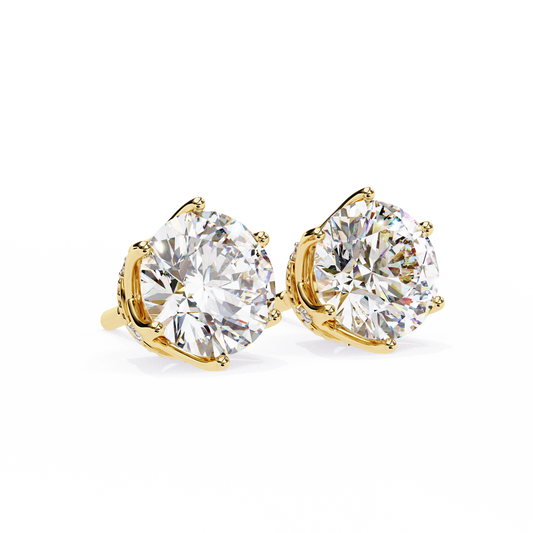 Yellow Gold Round Cut Diamond Crown Solitaire Stud Earrings - 2.62 Carat