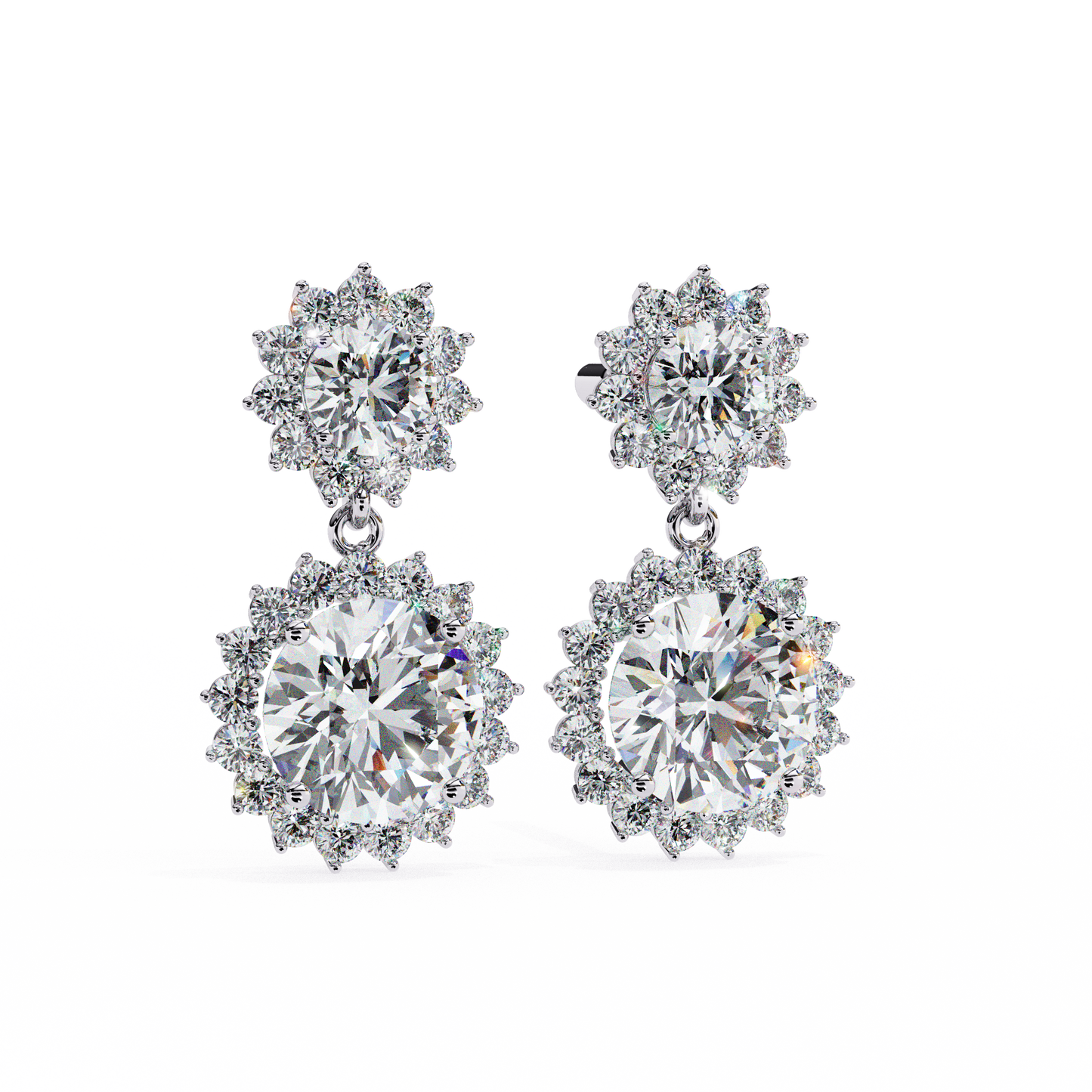 Double Halo Diamond Cluster Drop Earrings in Gold- 1.37 Ct