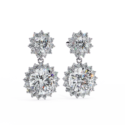 Double Halo Diamond Cluster Drop Earrings in Gold- 1.37 Ct