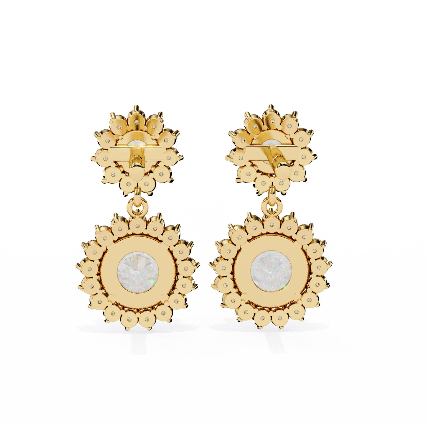 Double Halo Diamond Cluster Drop Earrings in Gold- 1.37 Ct