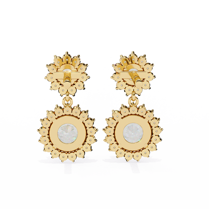 Double Halo Diamond Cluster Drop Earrings in Gold- 1.37 Ct