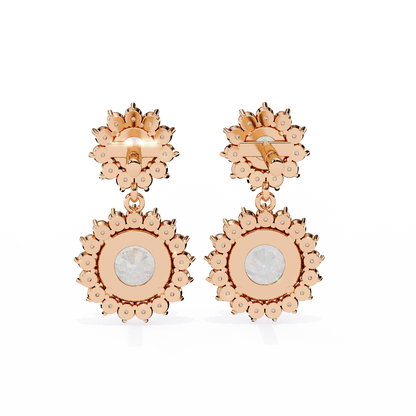 Double Halo Diamond Cluster Drop Earrings in Gold- 1.37 Ct