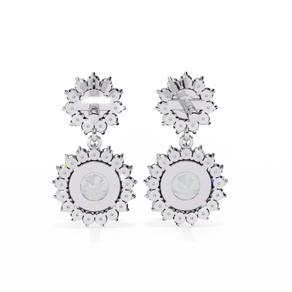 Double Halo Diamond Cluster Drop Earrings in Gold- 1.37 Ct