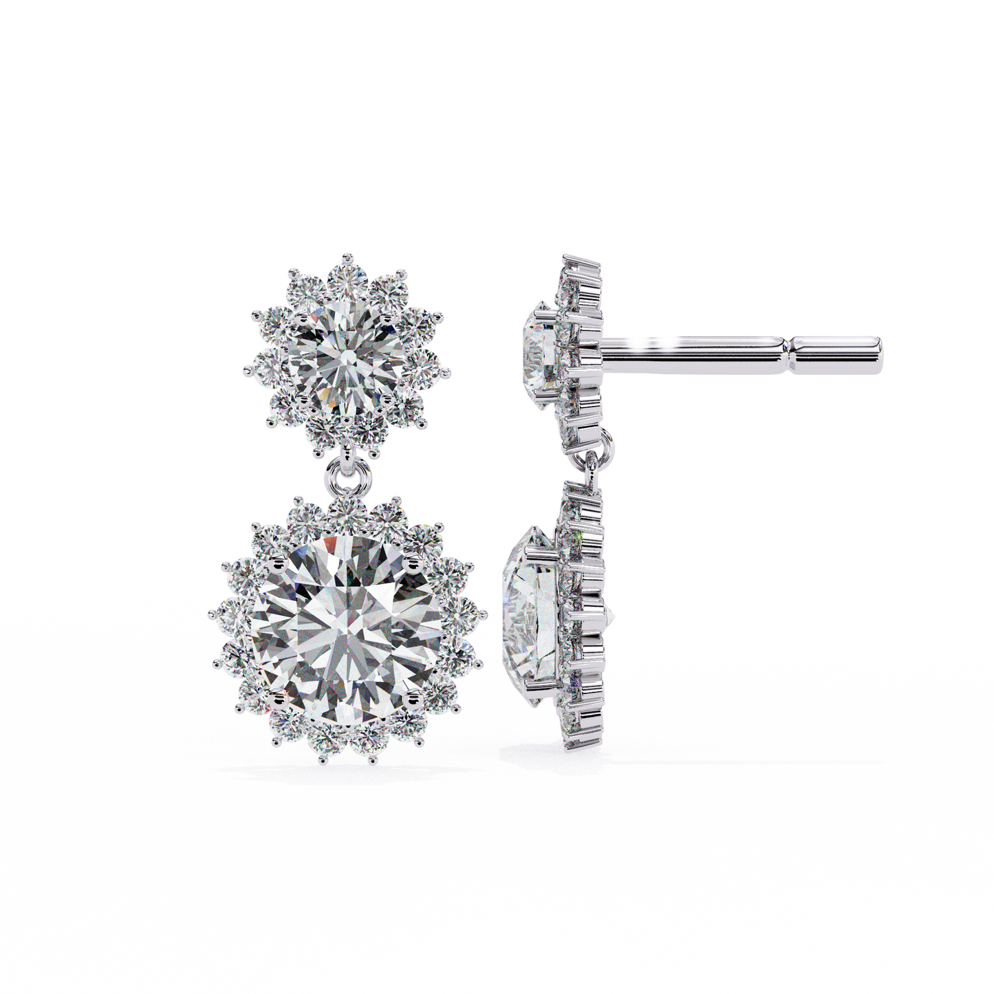 Double Halo Diamond Cluster Drop Earrings in Gold- 1.37 Ct