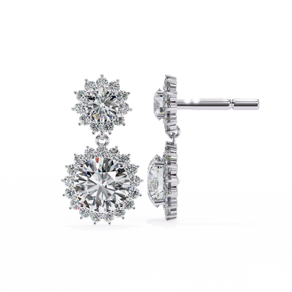 Double Halo Diamond Cluster Drop Earrings in Gold- 1.37 Ct