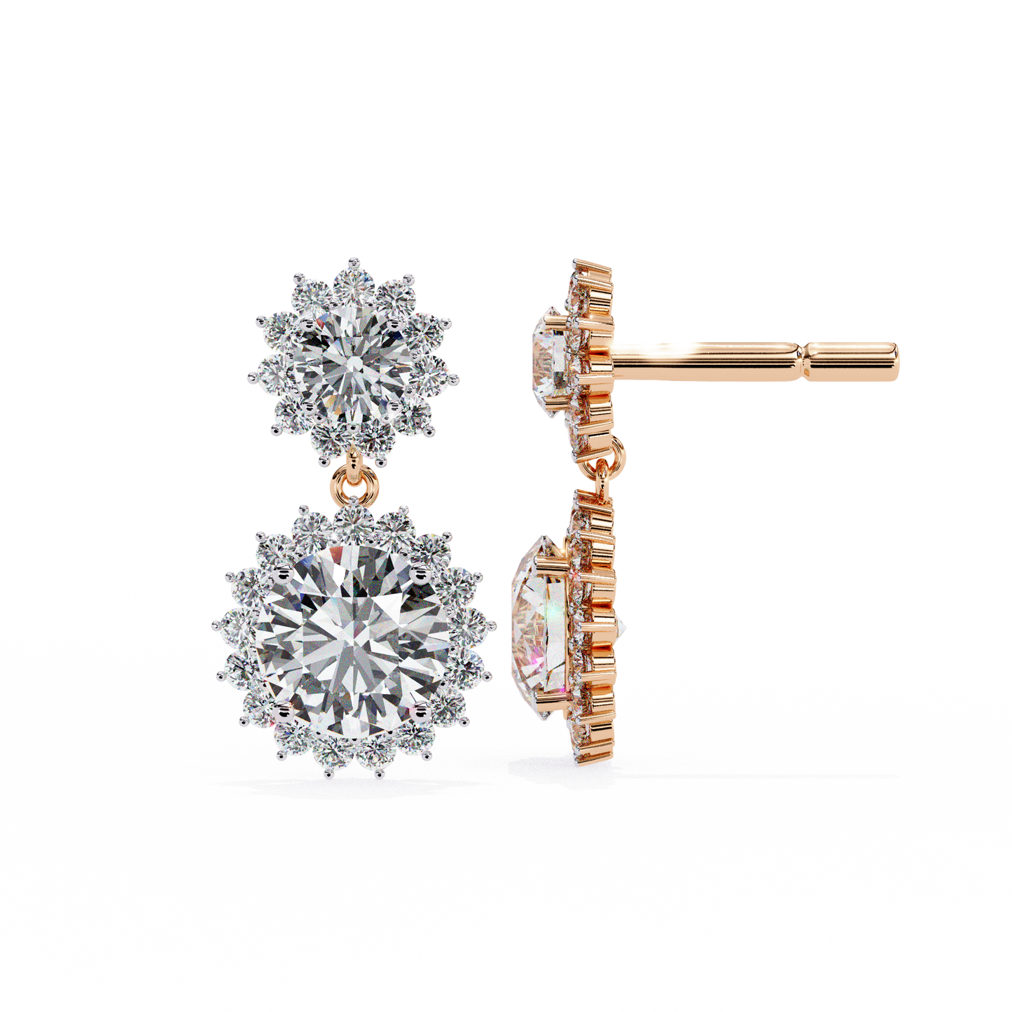 Double Halo Diamond Cluster Drop Earrings in Gold- 1.37 Ct