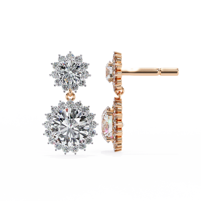 Double Halo Diamond Cluster Drop Earrings in Gold- 1.37 Ct