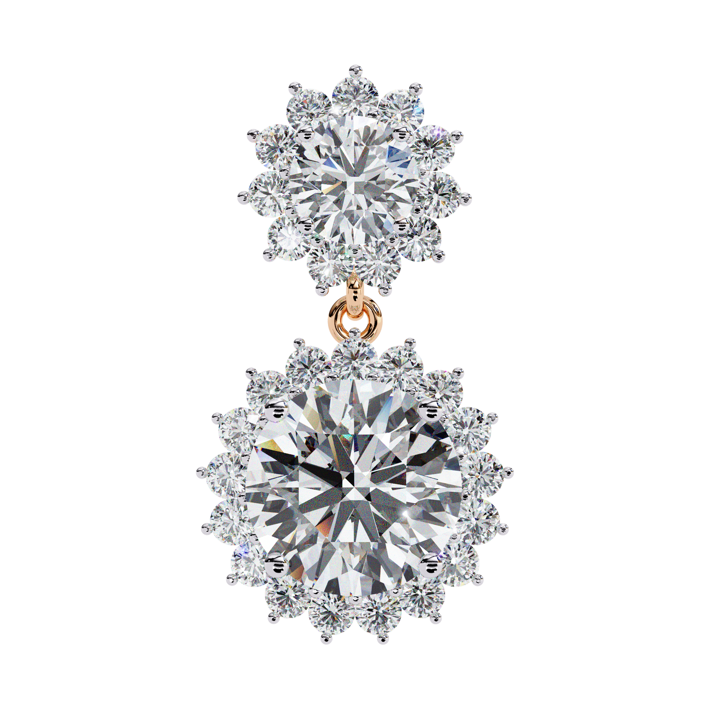 Double Halo Diamond Cluster Drop Earrings in Gold- 1.37 Ct
