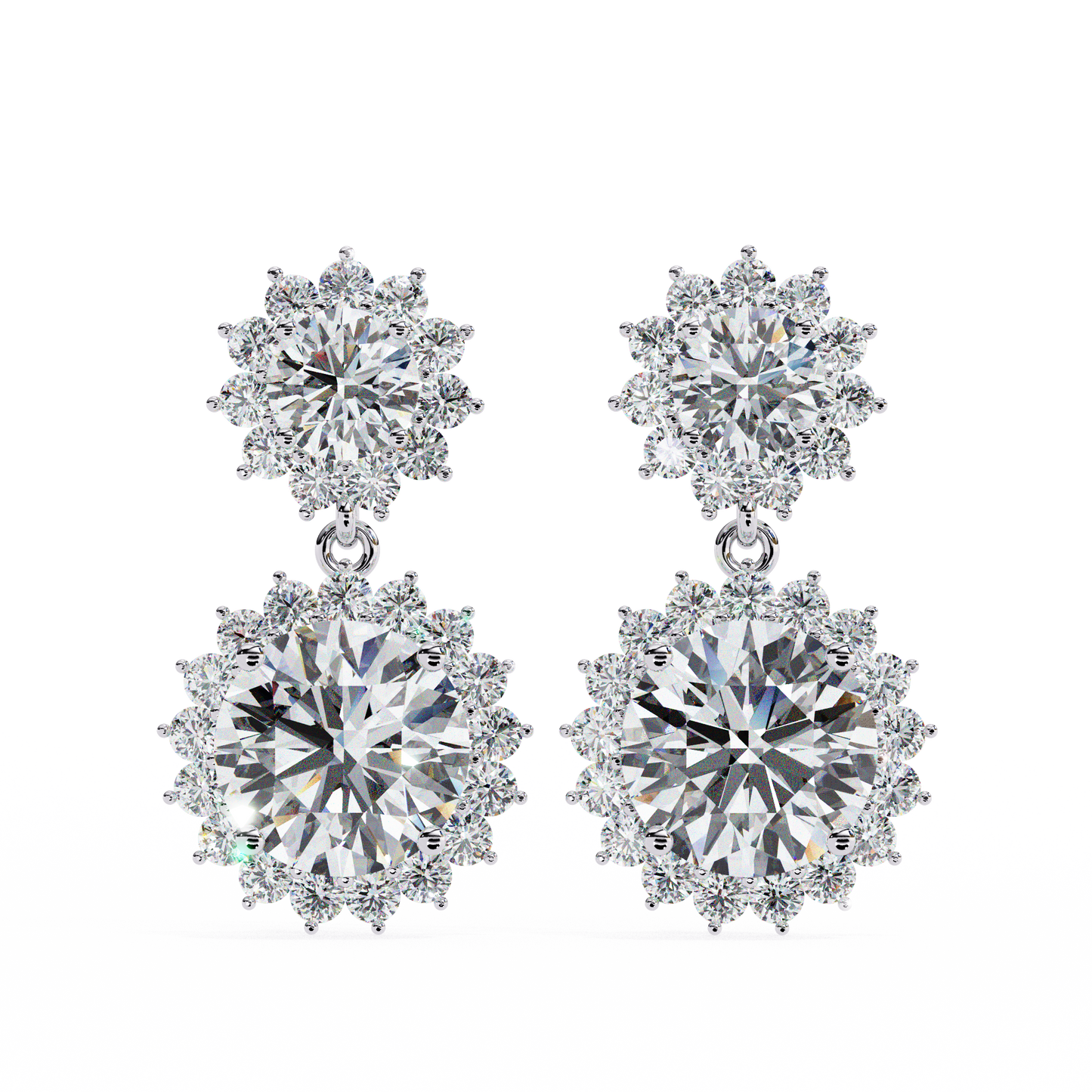 Double Halo Diamond Cluster Drop Earrings in Gold- 1.37 Ct