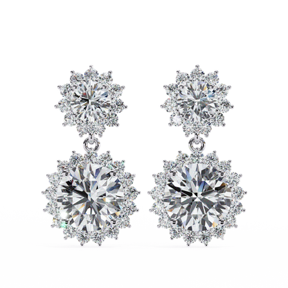 Double Halo Diamond Cluster Drop Earrings in Gold- 1.37 Ct