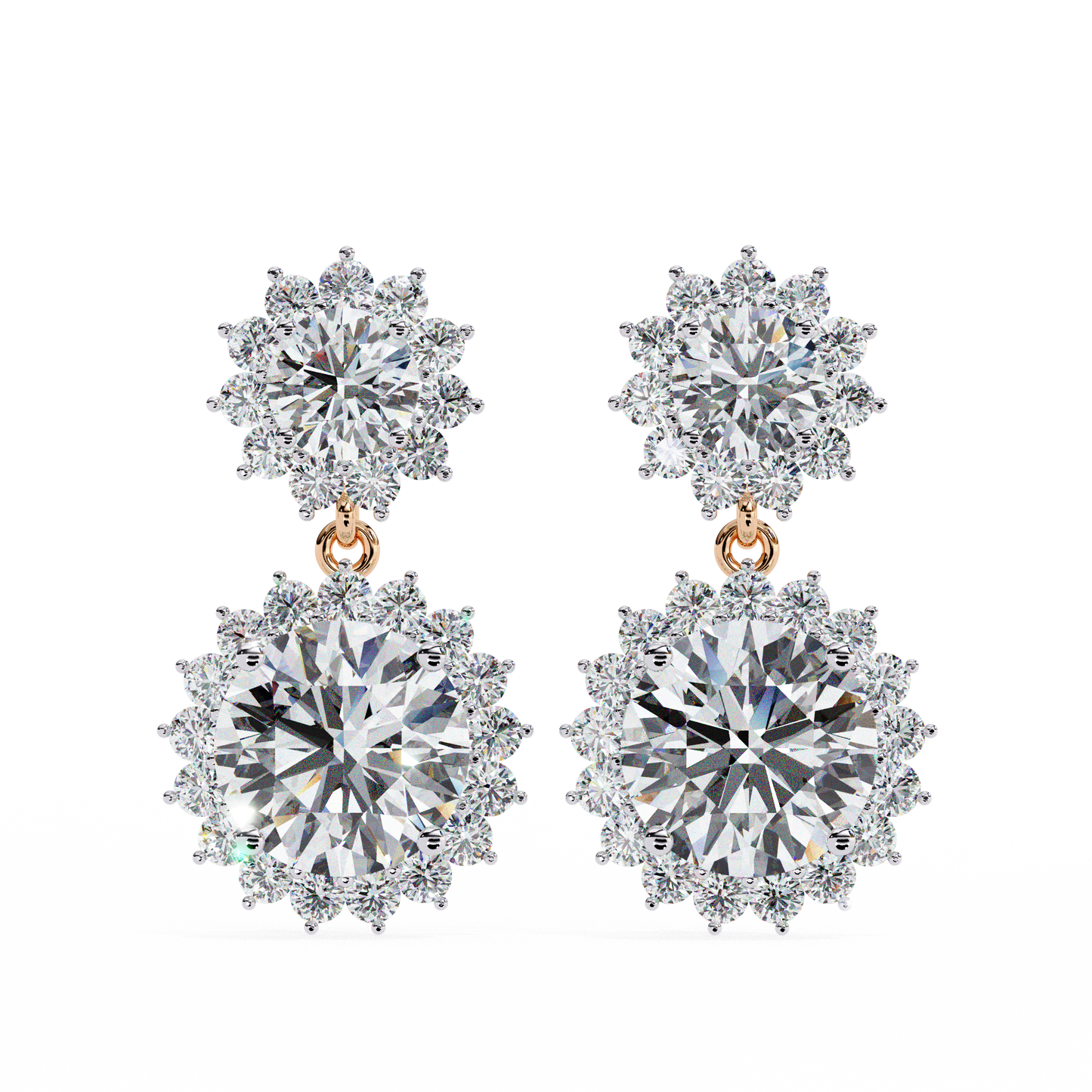 Double Halo Diamond Cluster Drop Earrings in Gold- 1.37 Ct
