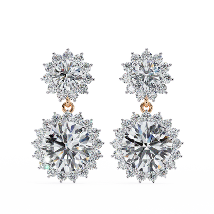 Double Halo Diamond Cluster Drop Earrings in Gold- 1.37 Ct