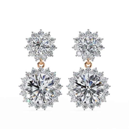 Double Halo Diamond Cluster Drop Earrings in Gold- 1.37 Ct
