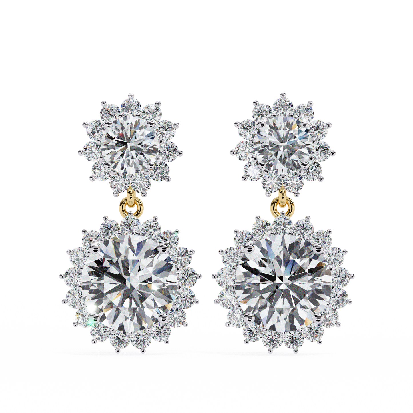 Double Halo Diamond Cluster Drop Earrings in Gold- 1.37 Ct