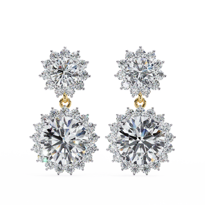 Double Halo Diamond Cluster Drop Earrings in Gold- 1.37 Ct