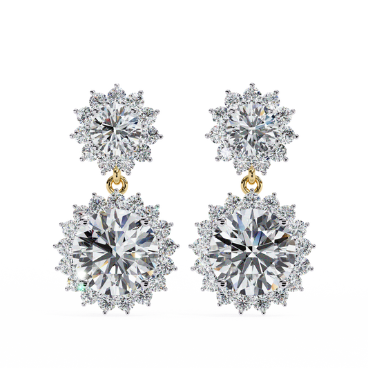 Double Halo Diamond Cluster Drop Earrings in Gold- 1.37 Ct