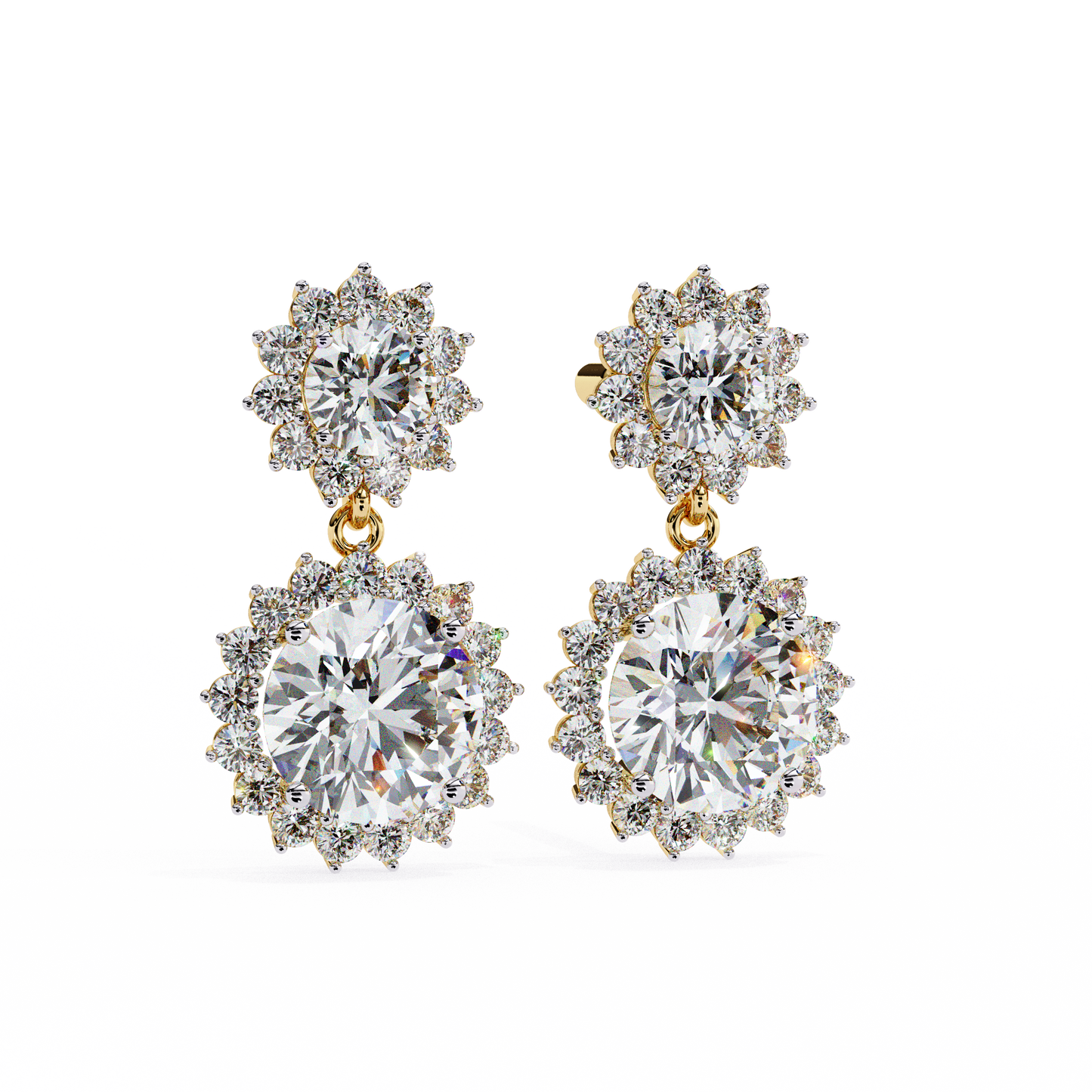 Double Halo Diamond Cluster Drop Earrings in Gold- 1.37 Ct