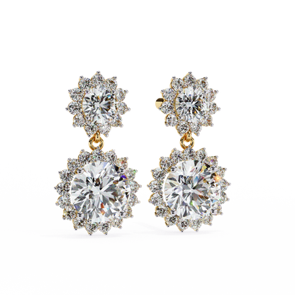Double Halo Diamond Cluster Drop Earrings in Gold- 1.37 Ct
