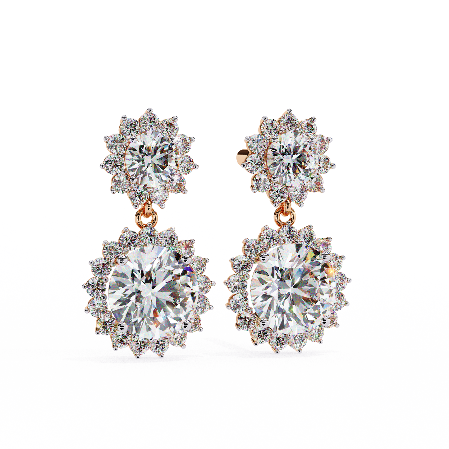 Double Halo Diamond Cluster Drop Earrings in Gold- 1.37 Ct