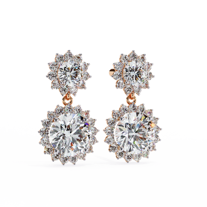 Double Halo Diamond Cluster Drop Earrings in Gold- 1.37 Ct