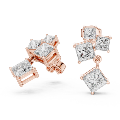 2.86 CTW The Geometric Princess Cut Diamond Cluster Drops Earrings in Gold