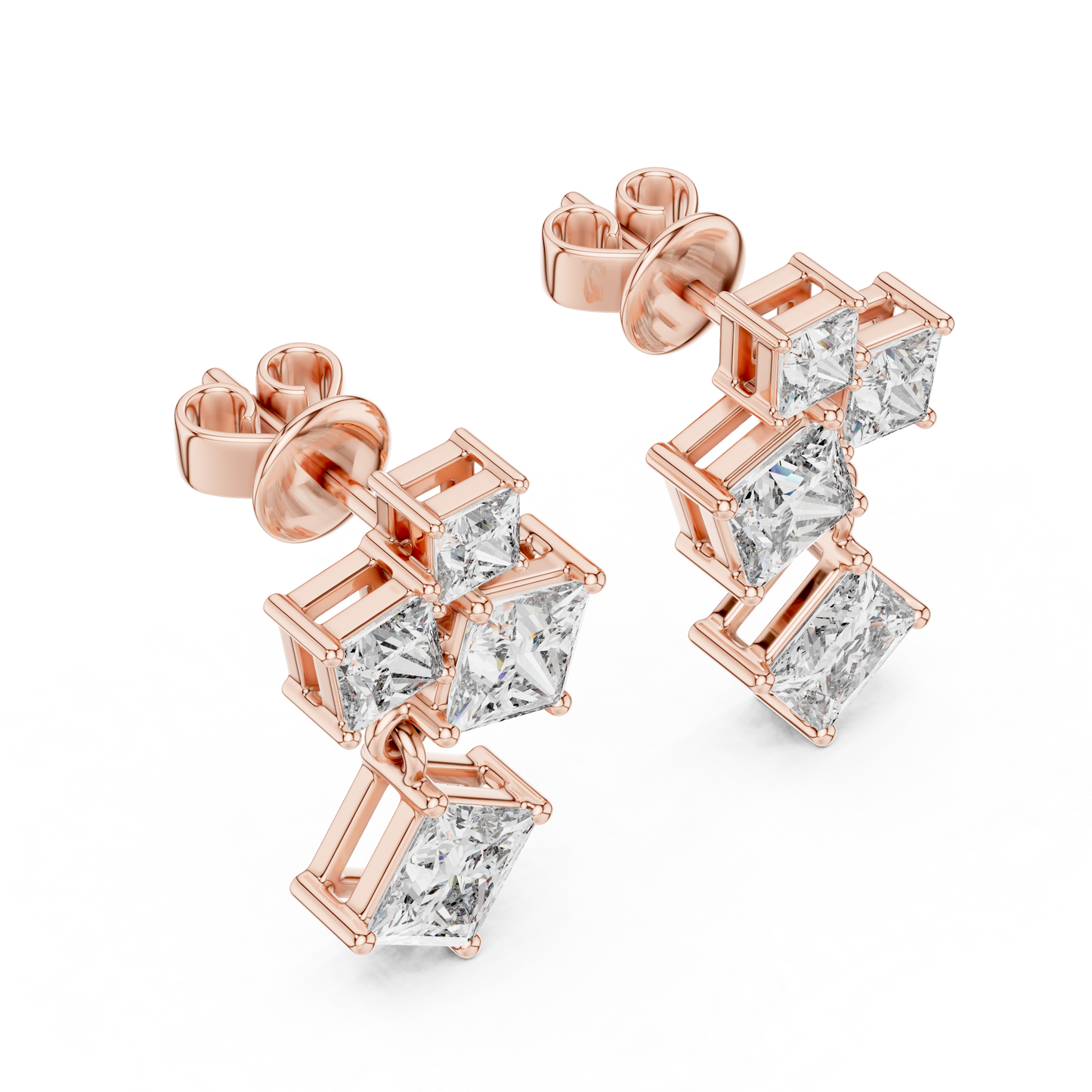 2.86 CTW The Geometric Princess Cut Diamond Cluster Drops Earrings in Gold