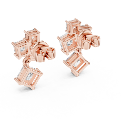 2.86 CTW The Geometric Princess Cut Diamond Cluster Drops Earrings in Gold
