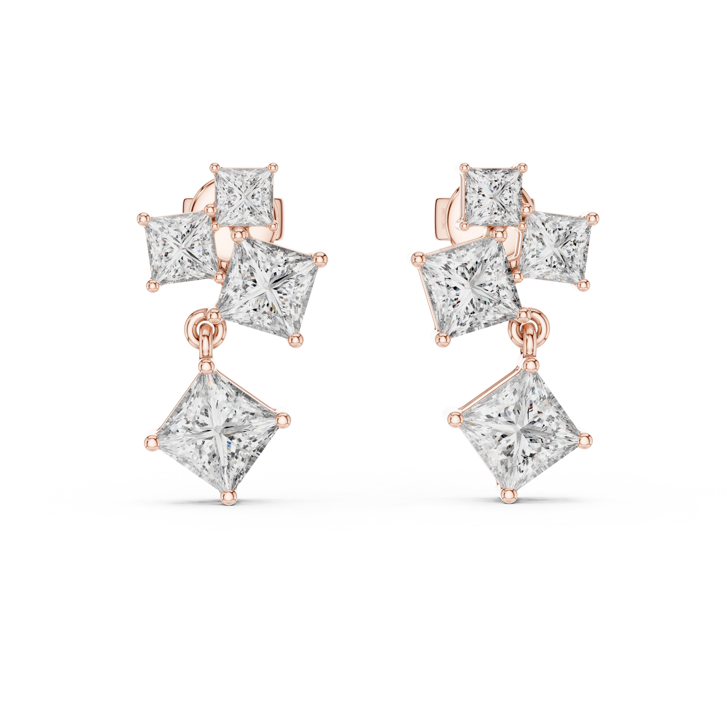 2.86 CTW The Geometric Princess Cut Diamond Cluster Drops Earrings in Gold