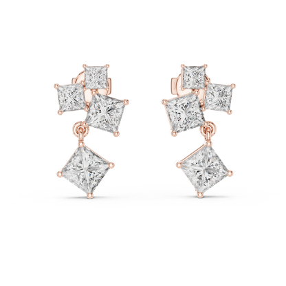2.86 CTW The Geometric Princess Cut Diamond Cluster Drops Earrings in Gold