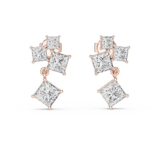 2.86 CTW The Geometric Princess Cut Diamond Cluster Drops Earrings in Gold