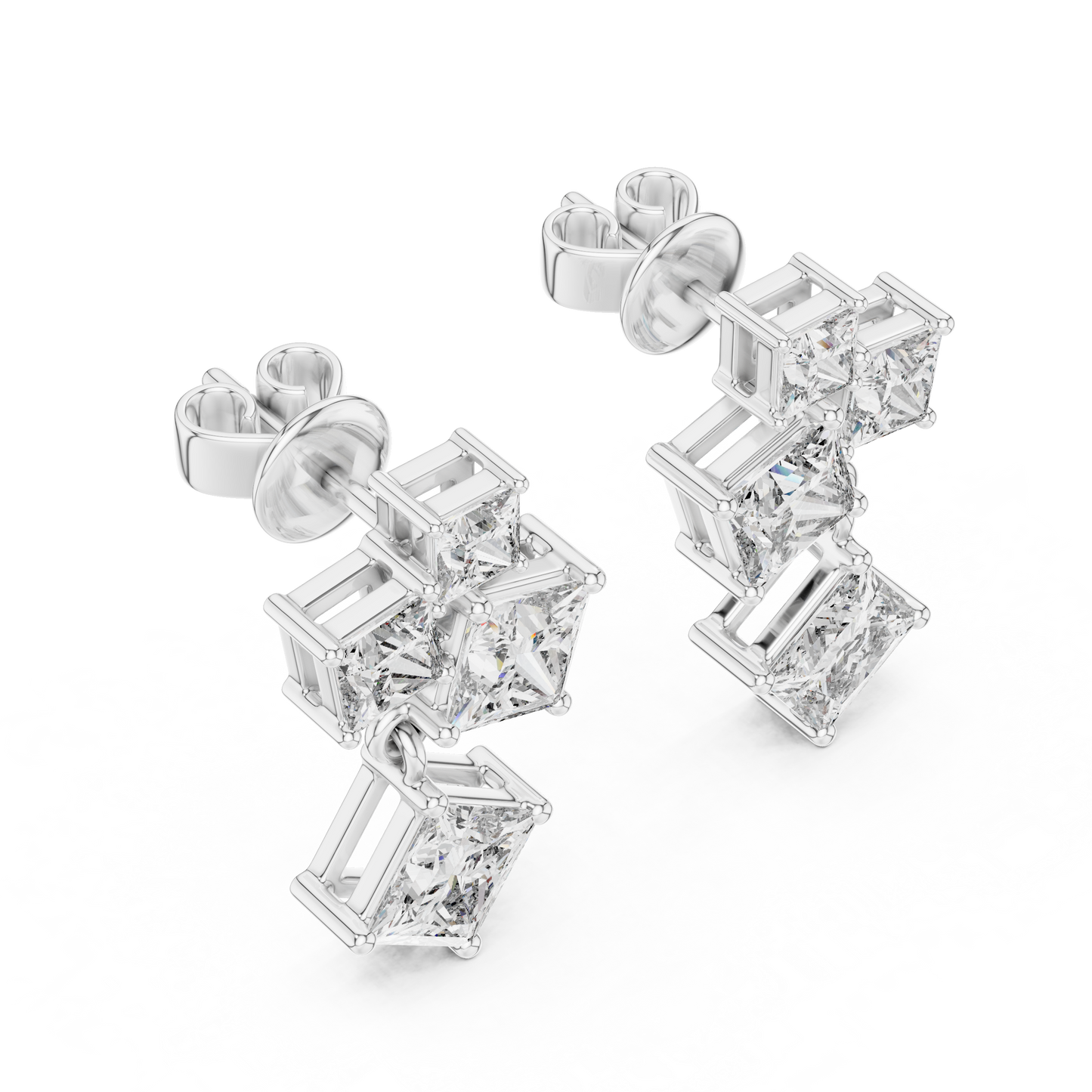 2.86 CTW The Geometric Princess Cut Diamond Cluster Drops Earrings in Gold