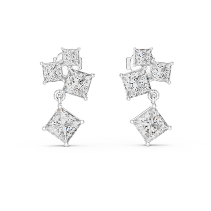 2.86 CTW The Geometric Princess Cut Diamond Cluster Drops Earrings in Gold