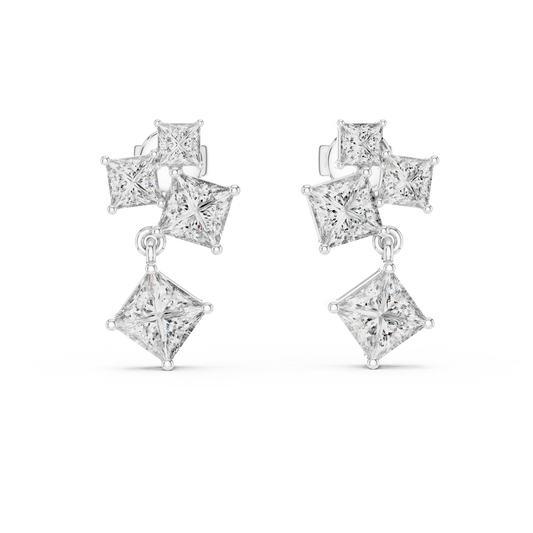 2.86 CTW The Geometric Princess Cut Diamond Cluster Drops Earrings in Gold