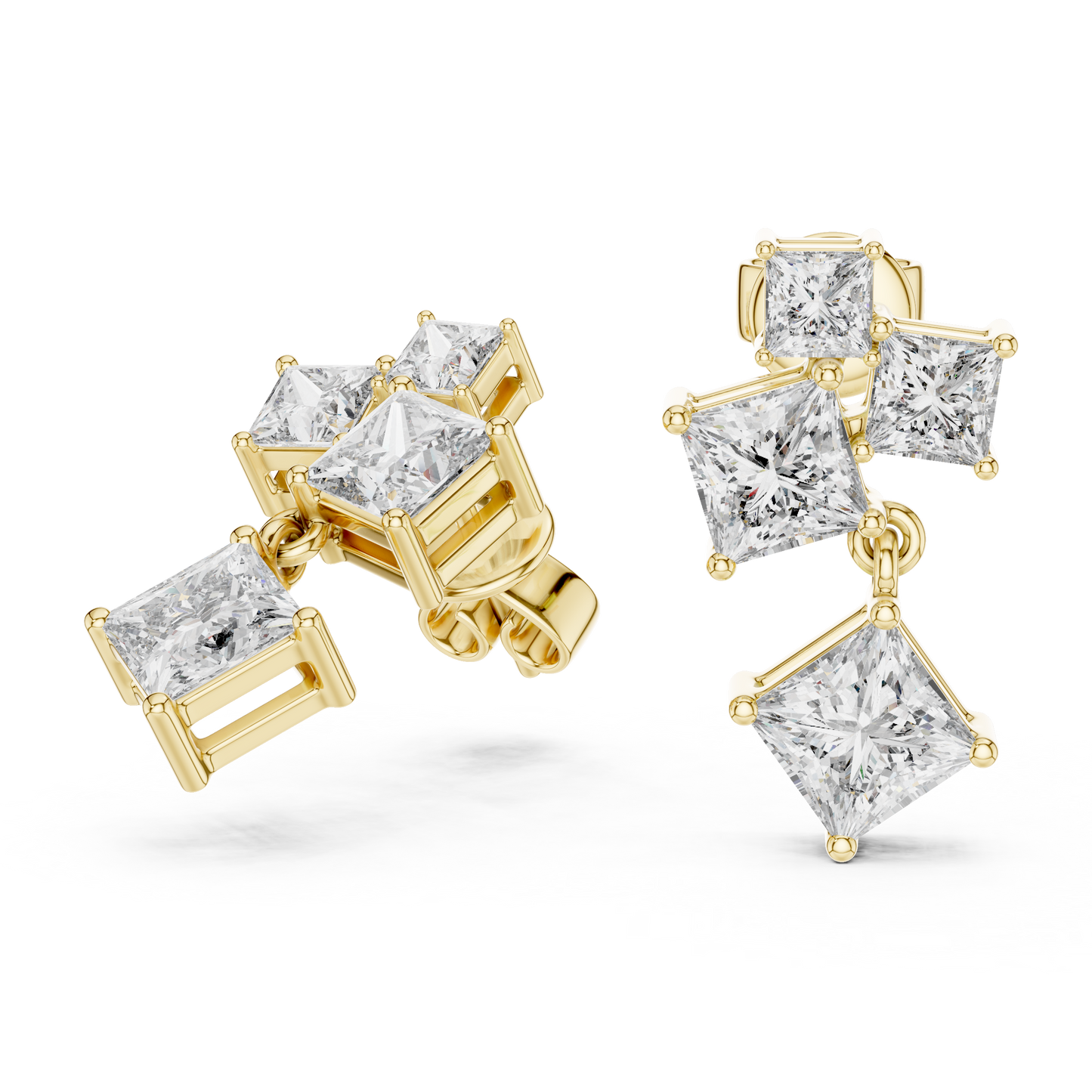 2.86 CTW The Geometric Princess Cut Diamond Cluster Drops Earrings in Gold