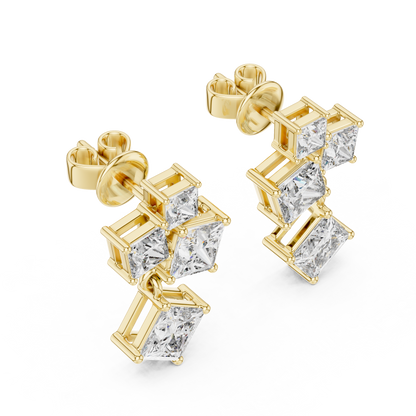 2.86 CTW The Geometric Princess Cut Diamond Cluster Drops Earrings in Gold