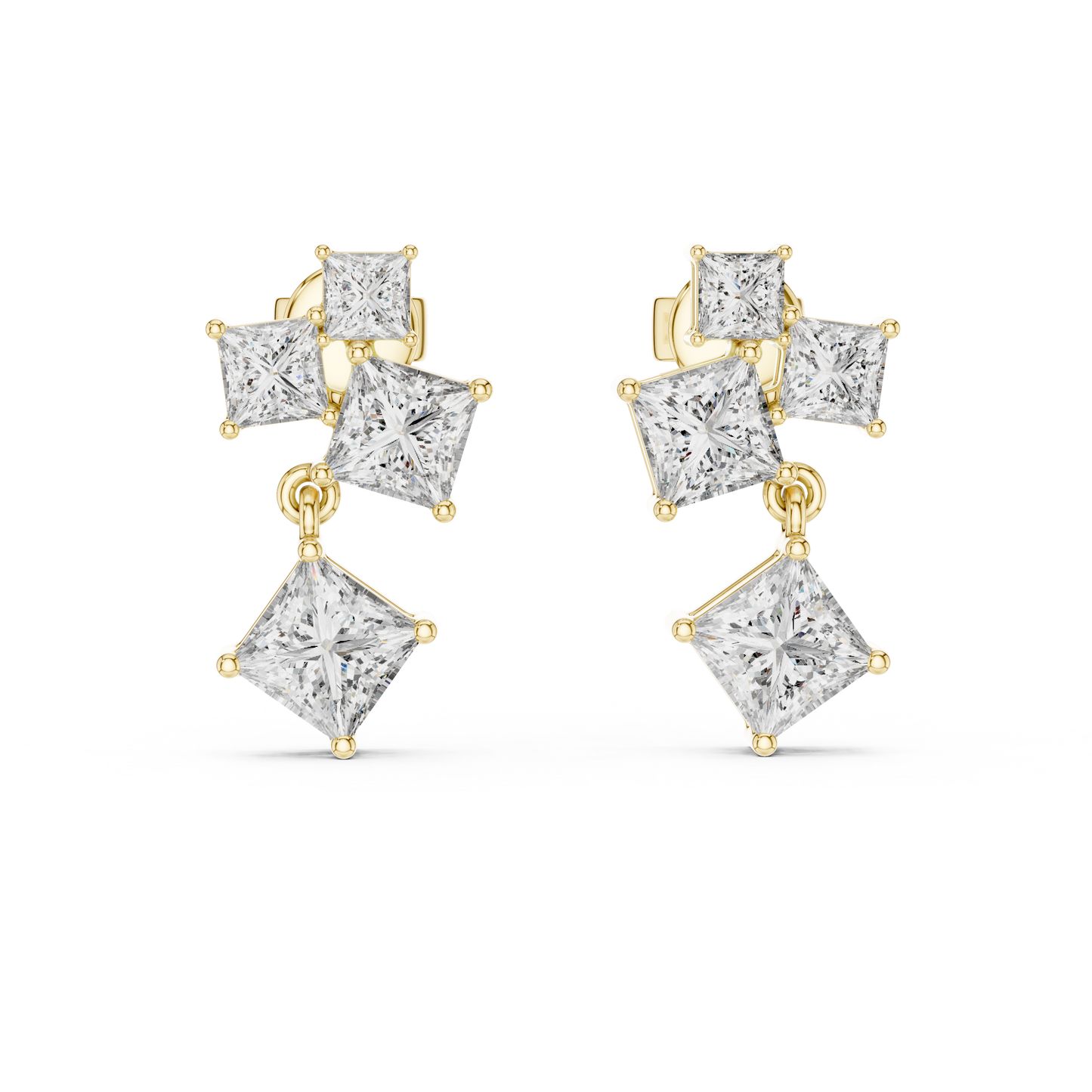 2.86 CTW The Geometric Princess Cut Diamond Cluster Drops Earrings in Gold