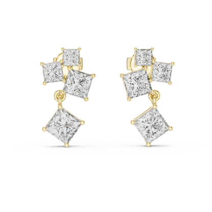 2.86 CTW The Geometric Princess Cut Diamond Cluster Drops Earrings in Gold