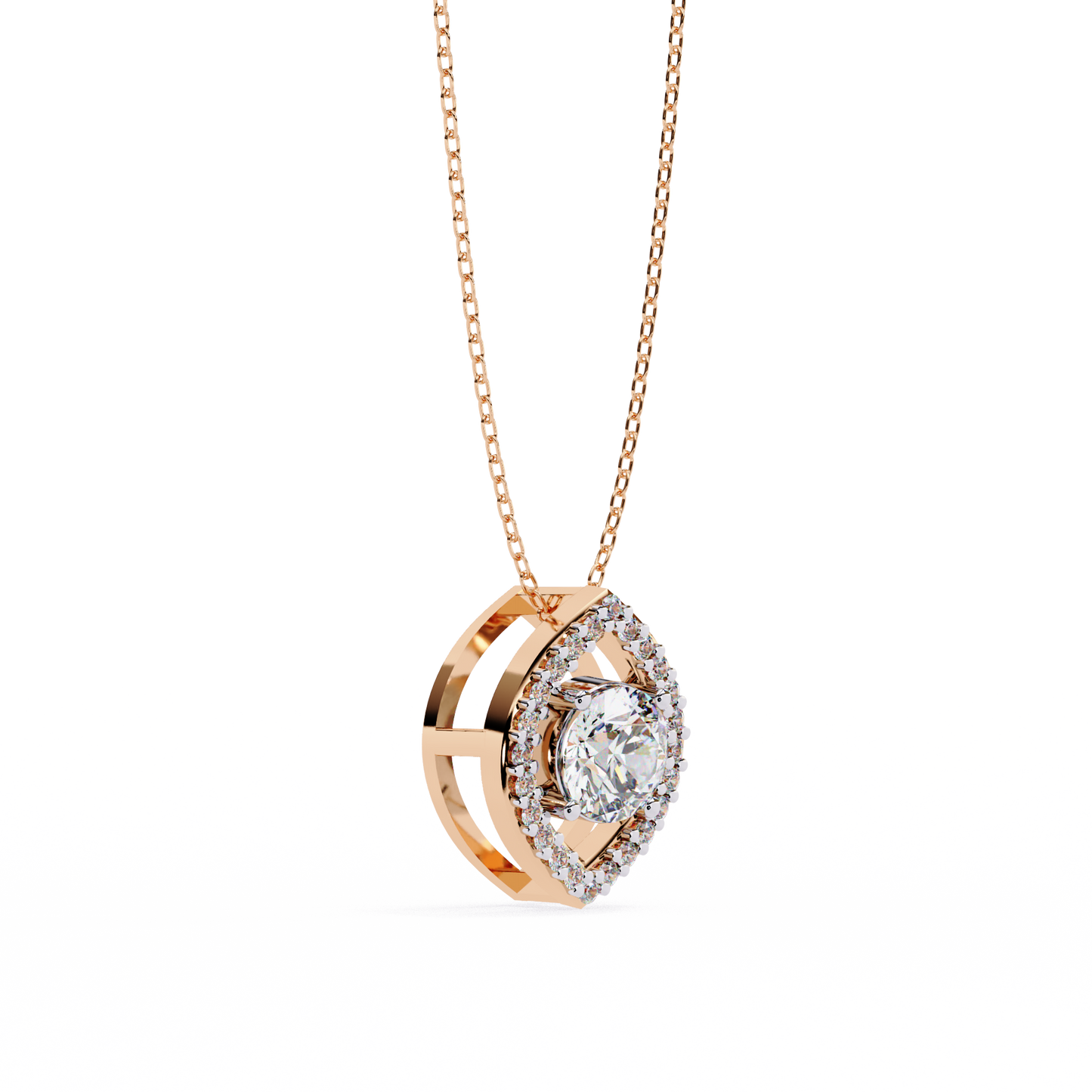Modern Halo Solitaire Pendant in Radiant Yellow Gold- 0.56 Ct Round Diamonds