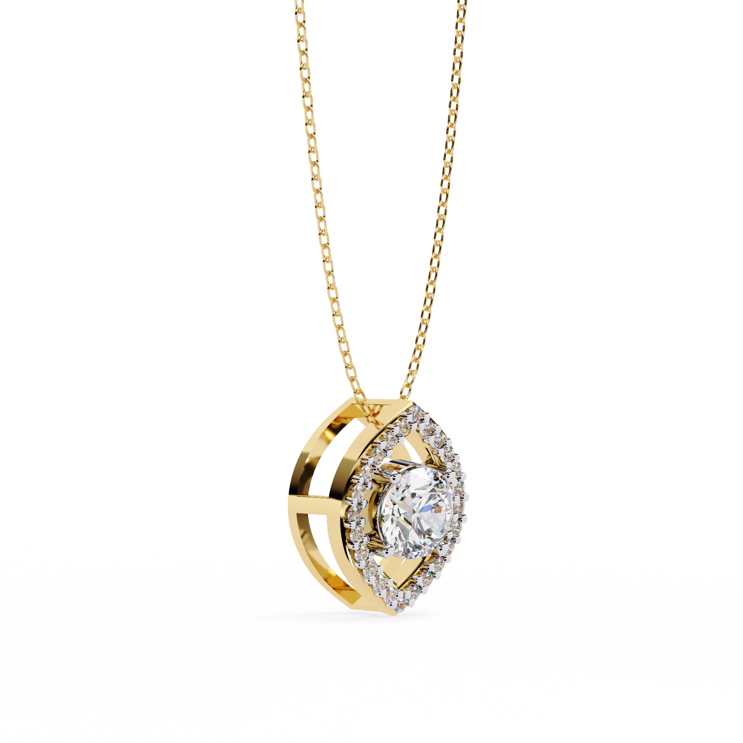 Modern Halo Solitaire Pendant in Radiant Yellow Gold- 0.56 Ct Round Diamonds
