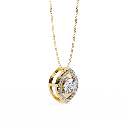 Modern Halo Solitaire Pendant in Radiant Yellow Gold- 0.56 Ct Round Diamonds