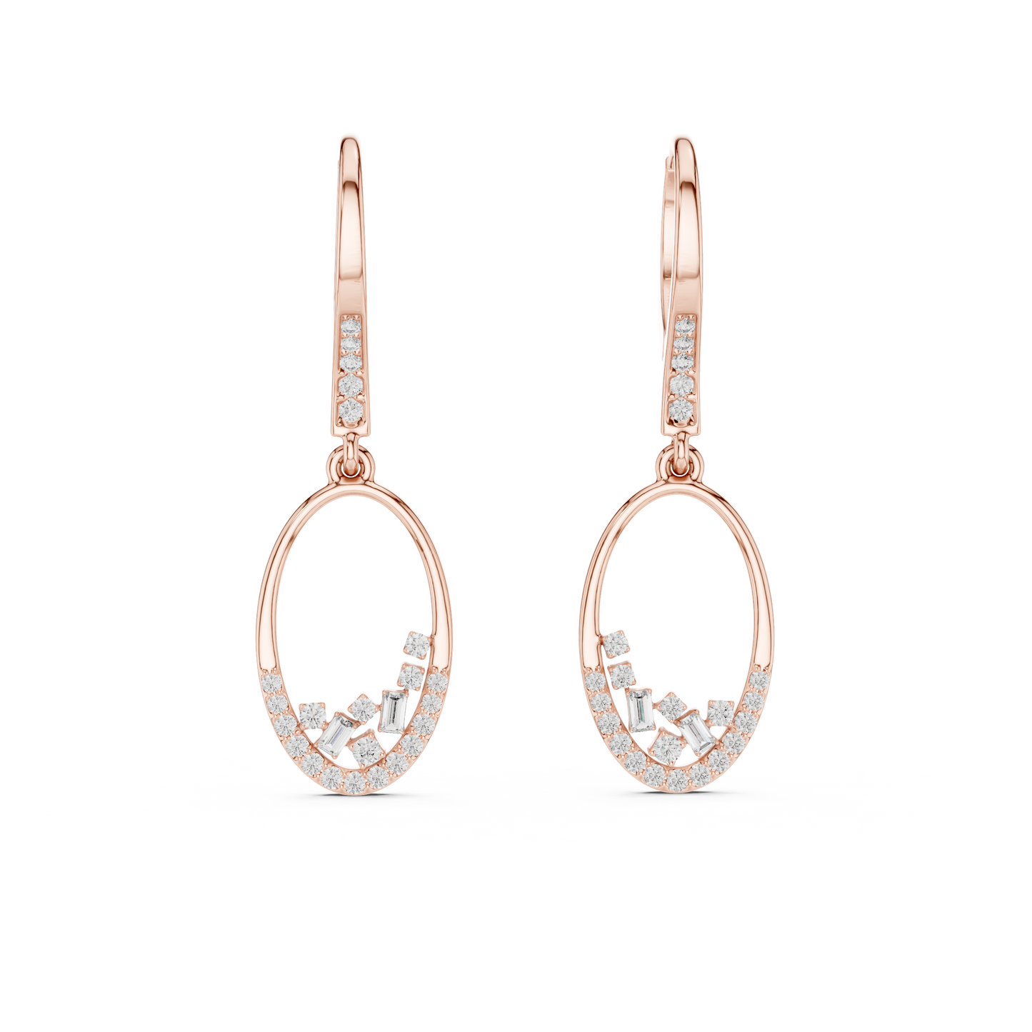 Yellow Gold Mixed-Cut Diamond Oval Drop Earrings - Baguette & Round Cluster Dangles