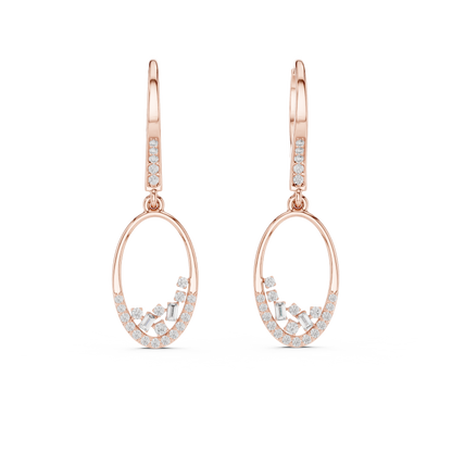 Yellow Gold Mixed-Cut Diamond Oval Drop Earrings - Baguette & Round Cluster Dangles