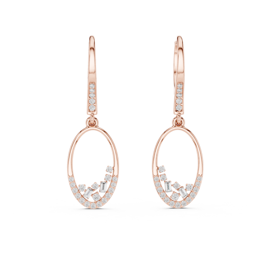 Yellow Gold Mixed-Cut Diamond Oval Drop Earrings - Baguette & Round Cluster Dangles