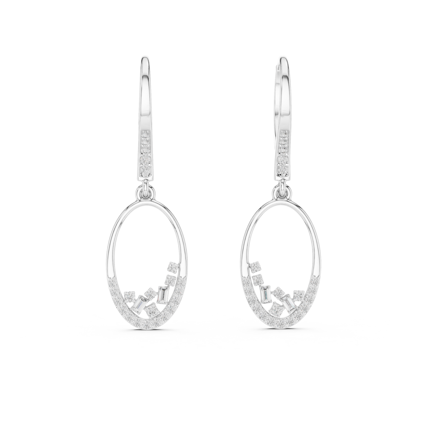 Yellow Gold Mixed-Cut Diamond Oval Drop Earrings - Baguette & Round Cluster Dangles