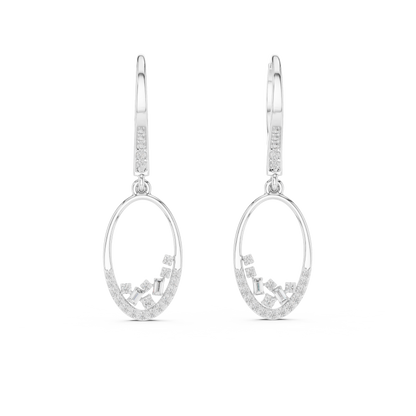 Yellow Gold Mixed-Cut Diamond Oval Drop Earrings - Baguette & Round Cluster Dangles