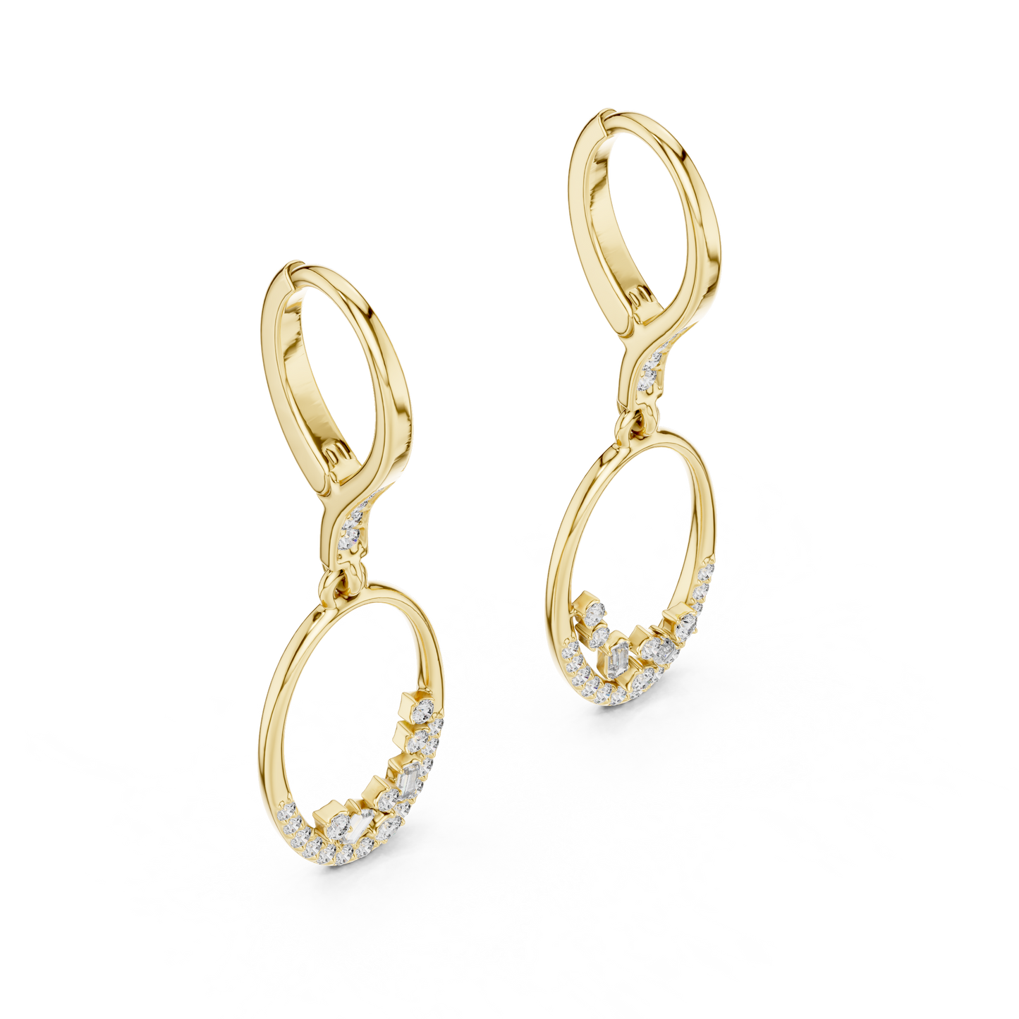 Yellow Gold Mixed-Cut Diamond Oval Drop Earrings - Baguette & Round Cluster Dangles