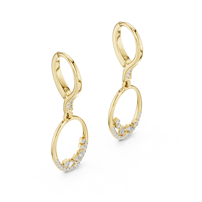 Yellow Gold Mixed-Cut Diamond Oval Drop Earrings - Baguette & Round Cluster Dangles